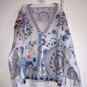 Zara White Blouse with Blue and Orange Embroidery